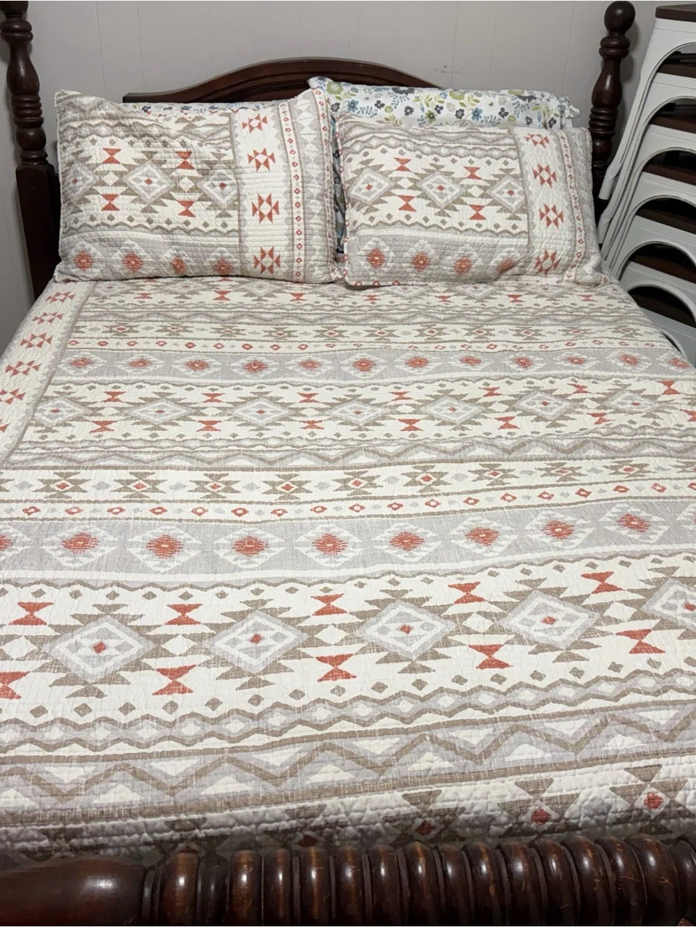 Neutral Aztec Quilted Bedspread with Coral Accents - Home Bedding